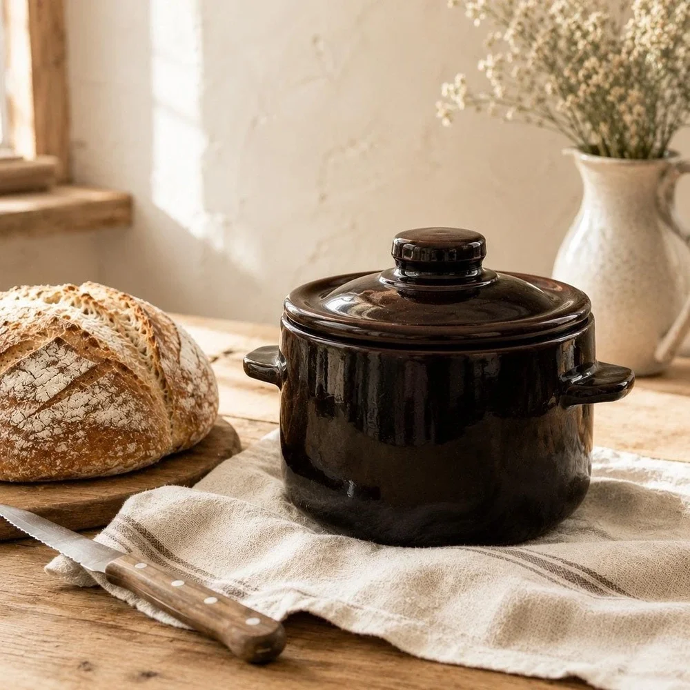 Vintage Brown Drip Glaze Bean Pot with Lid - USA Stoneware - Cottagecore Kitchen